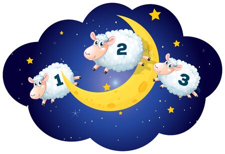 Counting sheeps at night on white background illustrationのイラスト素材