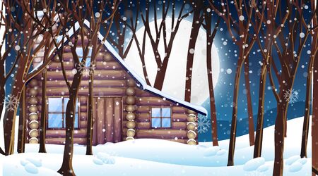 Scene with wooden hut in snow winter illustrationのイラスト素材