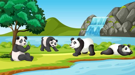 Scene with cute pandas in the park illustrationのイラスト素材