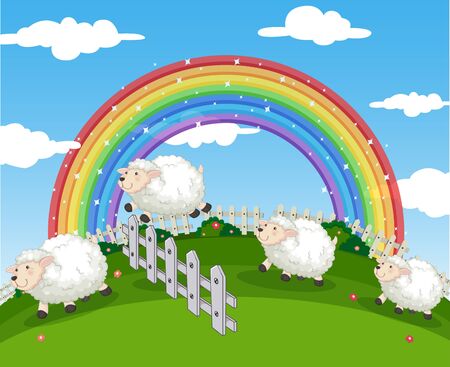 Background scene of farm with sheeps and rainbow illustrationのイラスト素材