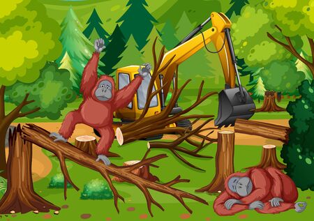 Deforestation scene with monkey and tractor  illustrationのイラスト素材