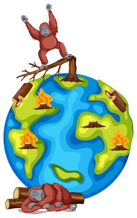 Earth and dying monkey from deforestation illustrationのイラスト素材