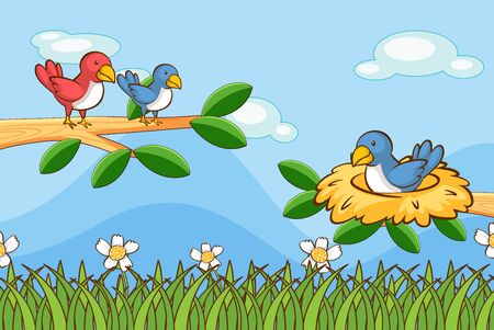Scene with birds in garden illustrationのイラスト素材