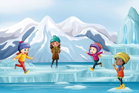 Scene with people playing on ice illustrationのイラスト素材