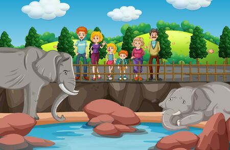Scene with people looking at elephants at the zoo illustrationのイラスト素材