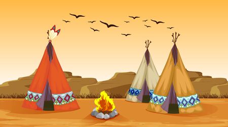 Scene with campfire and tents in the desert illustration