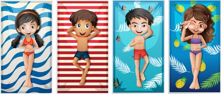 Boys and girls on beach towels illustrationのイラスト素材