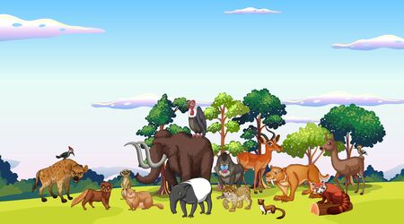 Scene with many animals in the park illustrationのイラスト素材