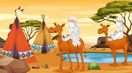 Scene with people riding on camels illustrationのイラスト素材