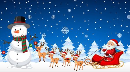 Scene with snowman and Santa on Christmas night illustrationのイラスト素材