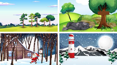 Four scene with winter and spring time illustrationのイラスト素材