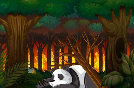 Deforestation scene with panda dying in forest illustrationのイラスト素材