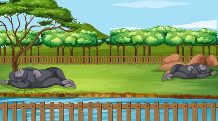 Scene with two gorillas in the zoo illustrationのイラスト素材