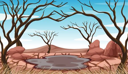 Scene with mud pond and dried trees illustrationのイラスト素材