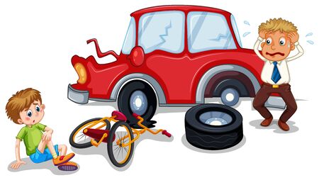 Accident scene with car crash and injured boy illustrationのイラスト素材