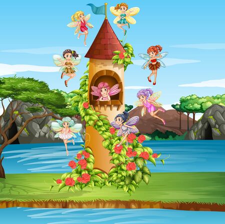 Scene with fairies flying around tower illustrationのイラスト素材