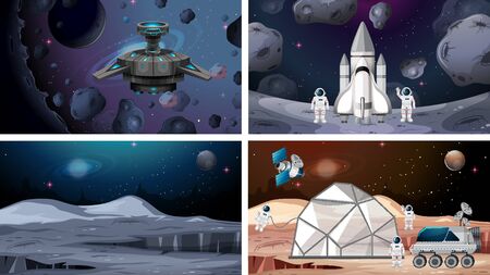 Set of space ship and astronaut scene illustrationのイラスト素材