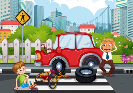 Accident scene with car crash in the city illustrationのイラスト素材