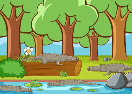 Scene with many crocodile in the forest illustrationのイラスト素材