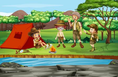 Scene with kids camping by the river illustrationのイラスト素材