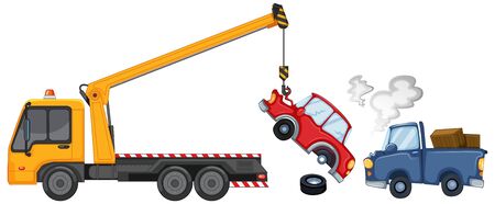 Tow truck lifting damaged cars illustrationのイラスト素材