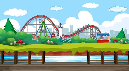 Scene with roller coaster and viking ship in the fun park illustrationのイラスト素材