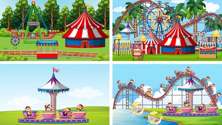 Four scenes with many rides in the fun fair illustrationのイラスト素材