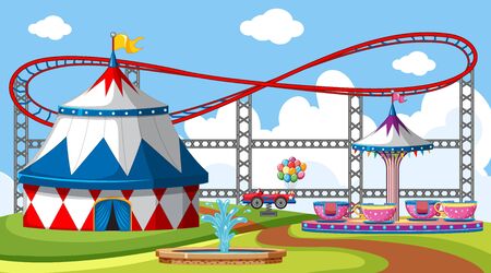 Scene with roller coaster and big circus tent in the park illustrationのイラスト素材