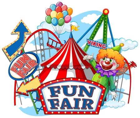 Fun fair sign and circus rides in background illustrationのイラスト素材