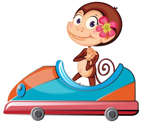 Cute monkey riding on toy car illustrationのイラスト素材