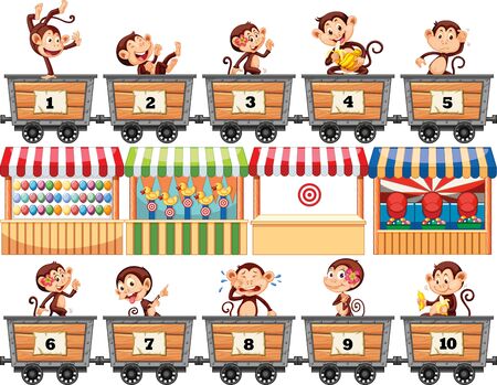 Happy monkeys riding in the carts with numbers illustrationのイラスト素材