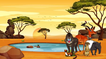 Scene with many animals in savanna  illustrationのイラスト素材