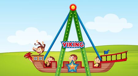 Scene with happy monkeys riding on viking ship illustrationのイラスト素材