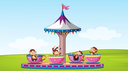 Scene with monkeys in the spinning cup illustrationのイラスト素材
