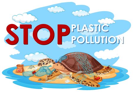 Poster design with sea turtle and plastic bags on beach illustrationのイラスト素材