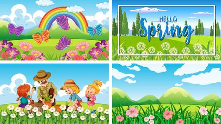 Four background scenes with children and animals in the park illustrationのイラスト素材
