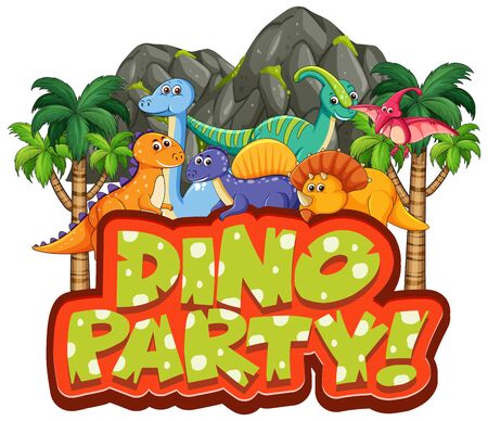 Font design for word dino party with many dinosaurs in forest illustrationのイラスト素材
