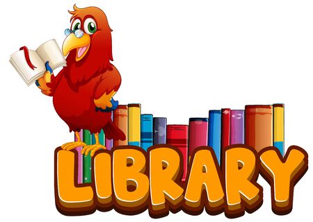 Font design for word library with parrot reading book illustrationのイラスト素材