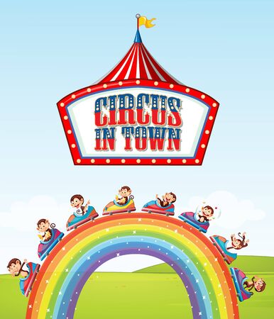 Font design for word circus in town with monkeys on the ride over the rainbow illustrationのイラスト素材