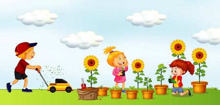 Scene with kids do gardening work in the garden illustrationのイラスト素材