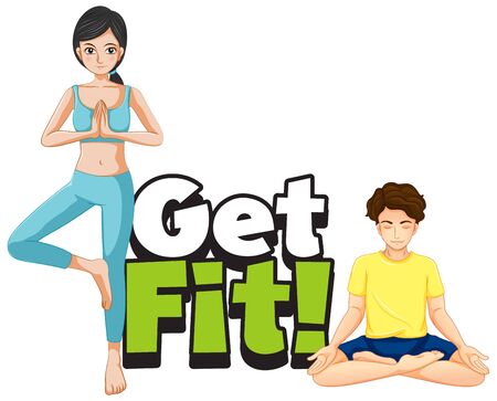 Font design for word get fit with people doing yoga illustrationのイラスト素材