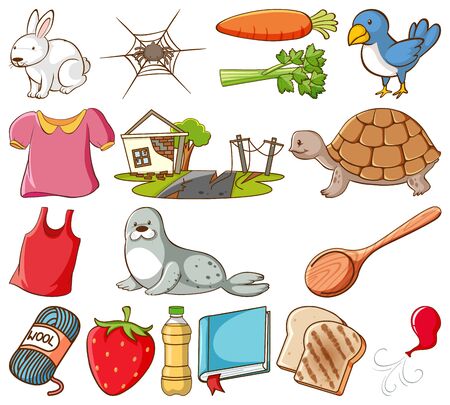 Large set of different animals and other objects on white background illustrationのイラスト素材