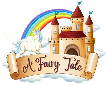 Font design for word a fairy tale with unicorn by the castle illustrationのイラスト素材