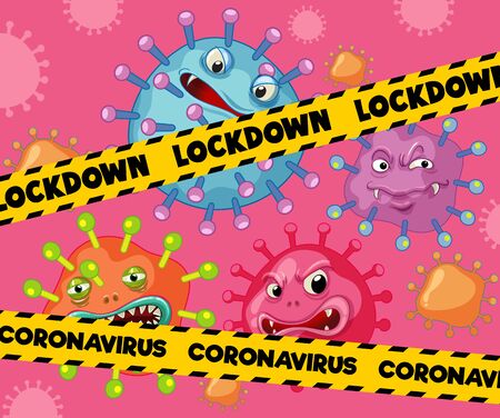 Coronavirus poster design with virus cells and word lockdown illustrationのイラスト素材