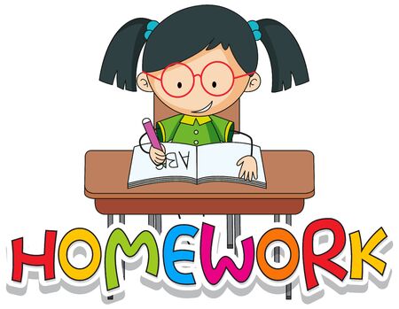 Font design for word homework with happy girl writing in her book illustrationのイラスト素材
