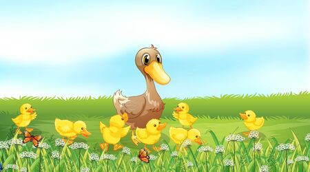 Nature scene background with ducklings in the field illustrationのイラスト素材