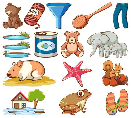 Large set of different animals and other objects on white background illustrationのイラスト素材