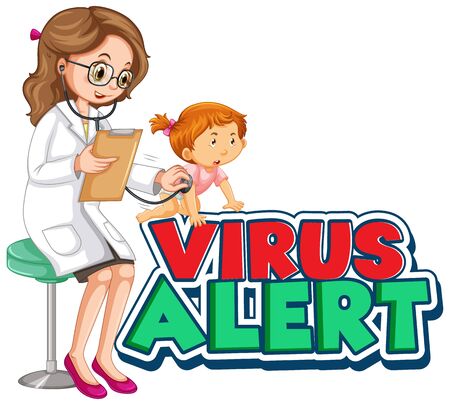 Font design for word virus alert with sick girl and doctor illustrationのイラスト素材
