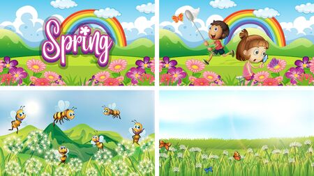Four background scenes with children and animals in the park illustrationのイラスト素材