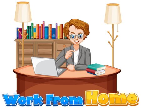 Font design for work from home with man working on computerのイラスト素材